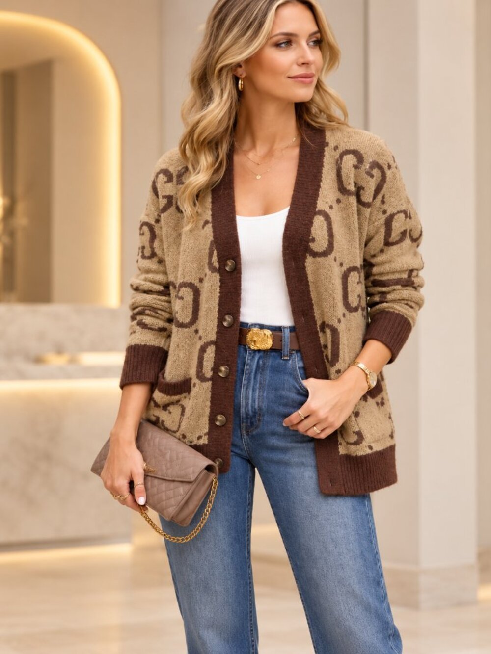 Women's Brown and Beige Button Front Knit Cardigan Sweater M